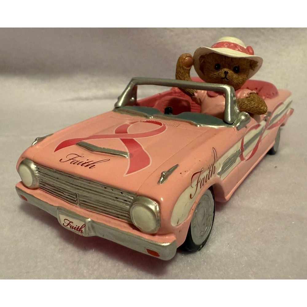 Faith Pink Car Teddy Bear Figurine Breast Cancer Awareness Ribbon
